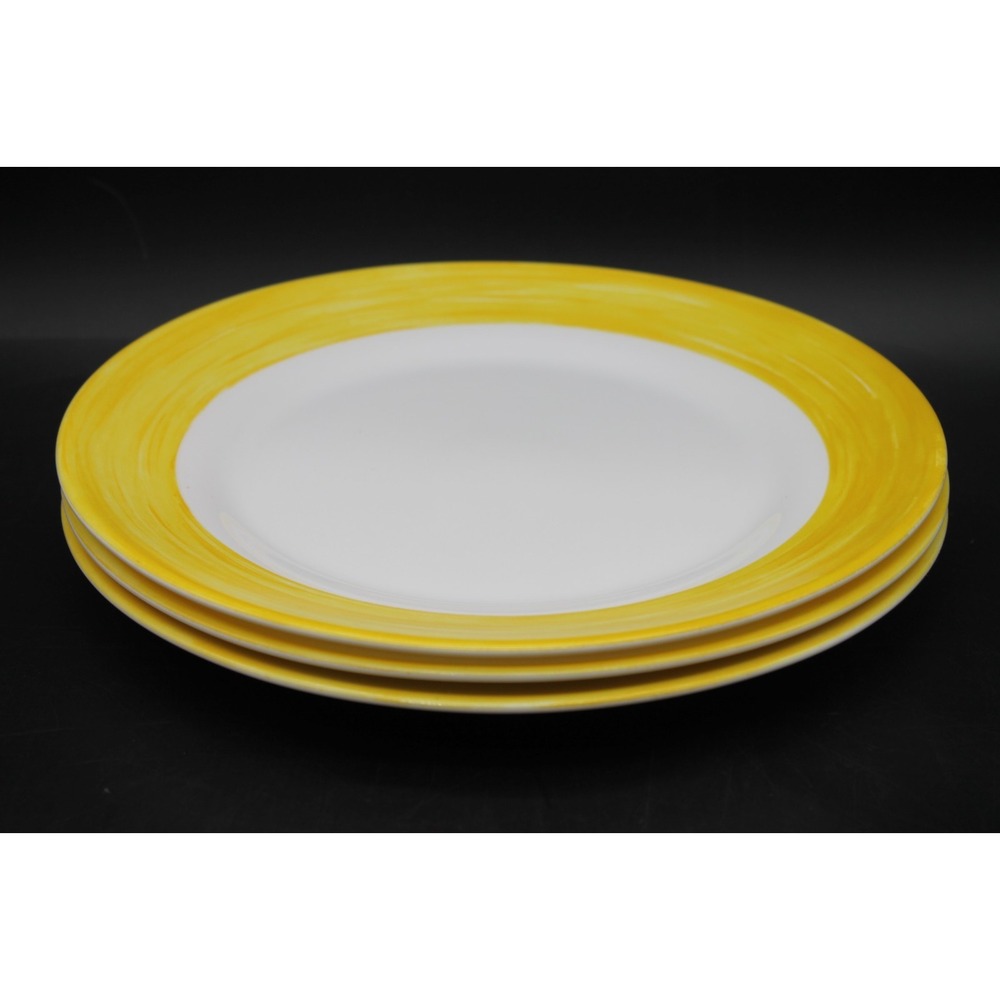 Set of 3 Sunflower Yellow Rim Dinner Plates 10" White Ceramic Round